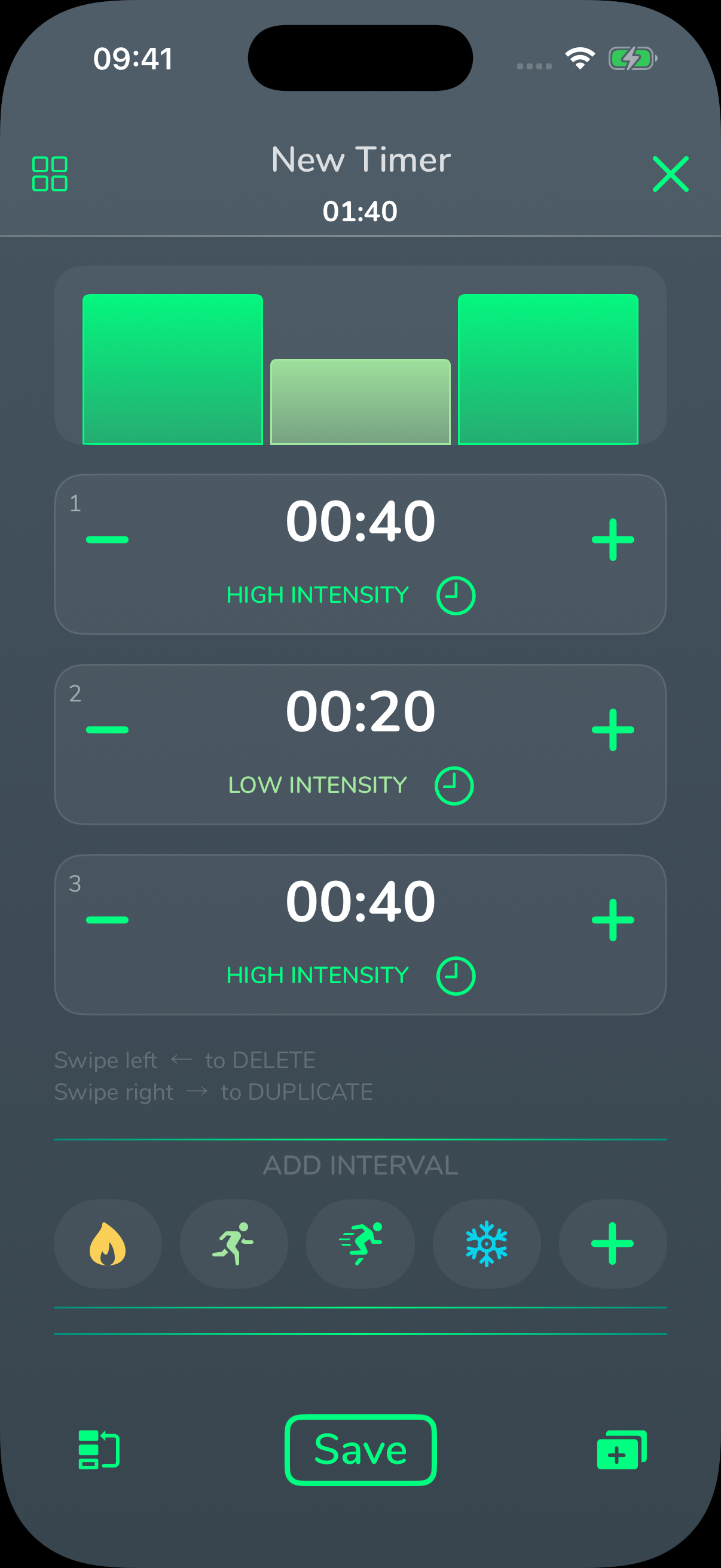 Cero’s current interval builder on iPhone 17 Pro, with the template picker, work and recovery intervals, and per-interval timing controls